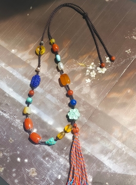 原创设计天然原矿南红蜜蜡绿松石多宝编织毛衣链新中式国风饰品女