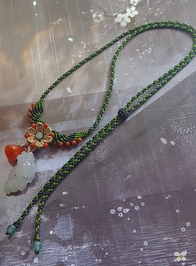 天然A货翡翠白冰金鱼南红莲蓬吊坠手工编织设计项链新中式国风