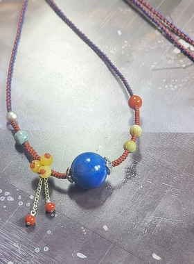 天然原矿青金石项链女秋冬民族风红色吊坠本命年送妈妈生日高端