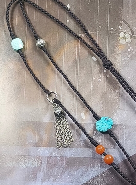 天然原矿湖北绿松高瓷网花无事牌手工设计编织银饰项链新中式国风