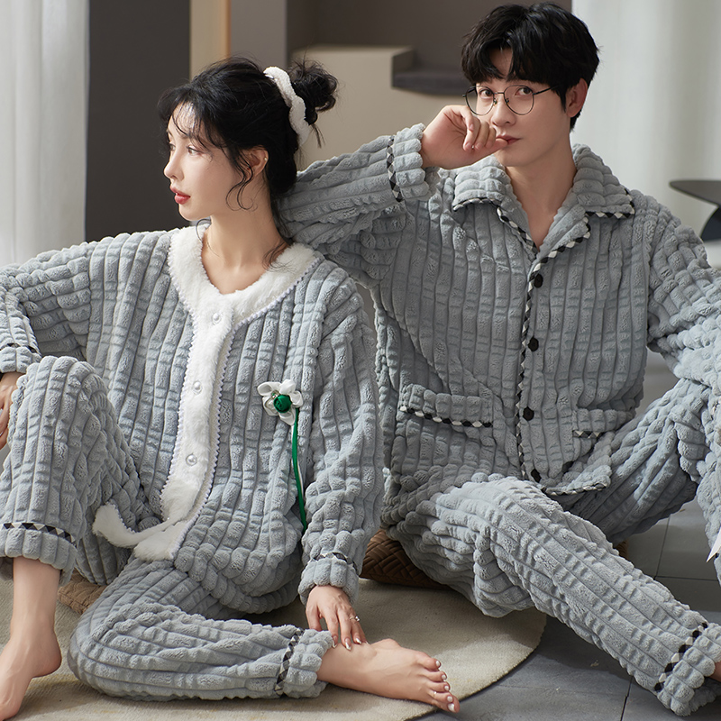 浪莎冬季珊瑚绒情侣睡衣女加绒加厚保暖法兰绒男士冬天家居服套装 - 图2