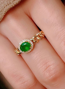 天然祖母绿S925银镶钻女士戒指