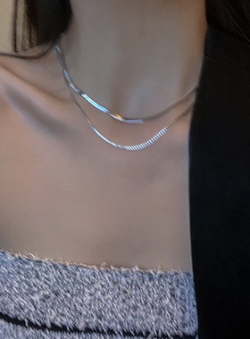 银色双层日常叠戴蛇骨项链女甜酷