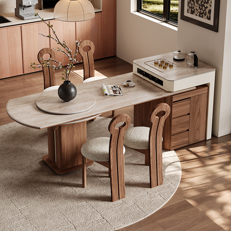 洞石岩板岛台餐桌一体可伸缩变圆桌开放式厨房方圆两用中古风导台,淘宝优惠券,粉丝福利购,淘宝优惠卷