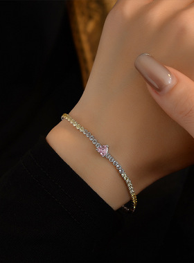 彩虹锆石爱心手链S925纯银心形网球链轻奢高级欧美时尚链条