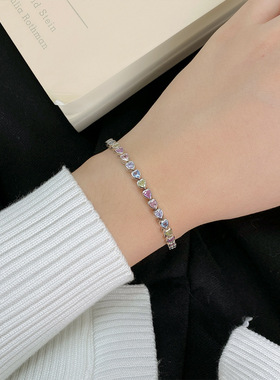 跨境嘻哈单排网球链S925纯银爱心彩虹锆石手链时尚高级感男女手饰