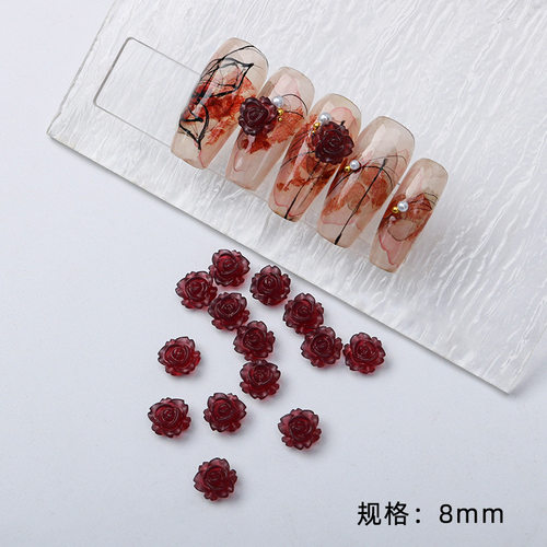小红书美甲酒红色山茶花材料包2023爆款蝴蝶混搭链条珍珠指甲配饰 - 图2