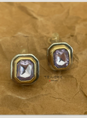 方形紫色水晶耳夹 予美人vintage