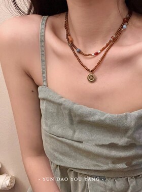 云岛有羊美拉德风棕色串珠锁骨链