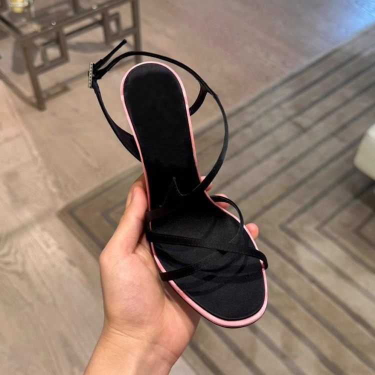 黑色细跟高跟鞋2026新款夏露趾一字带缎面拼色气质百搭约会凉鞋女,淘宝优惠券,粉丝福利购,淘宝优惠卷