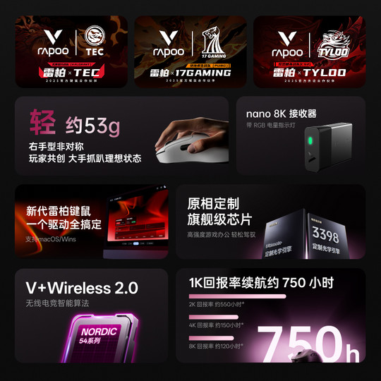 雷柏VT3 MAX无线鼠标PAW3395轻量化双模双8K人体工学电竞游戏专用