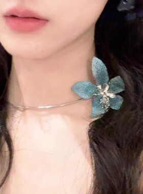 超仙可调节蓝色花朵流苏项链女款甜美氛围感锁骨链小众高级感颈链