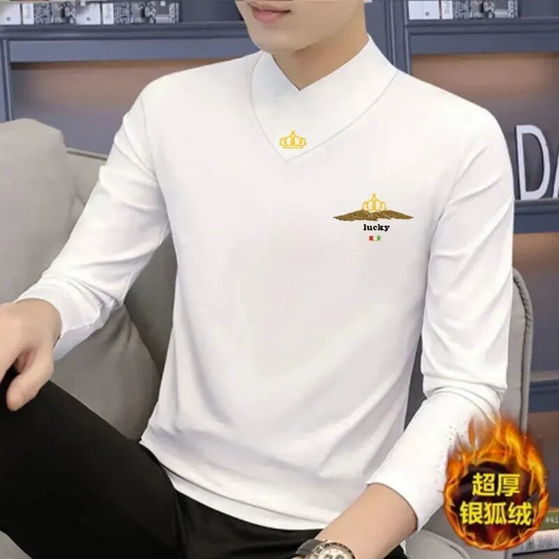 2024秋冬季新款修身男士中年保暖长袖V领t恤加绒内搭上衣打底衫潮