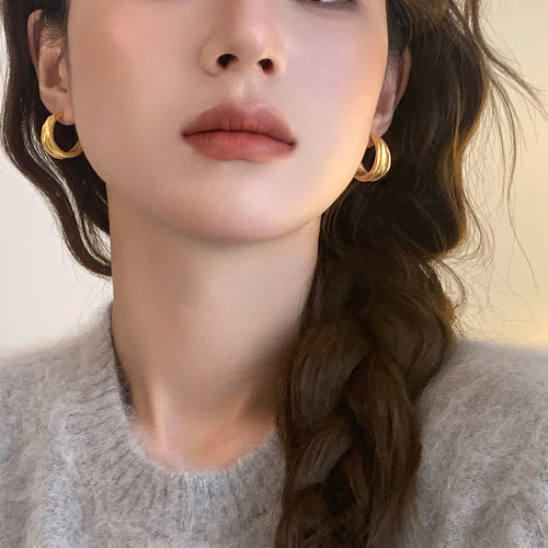 迷度S925银针圆弧耳环法式复古气质耳钉时髦耳圈女不规则简约高级 - 图2