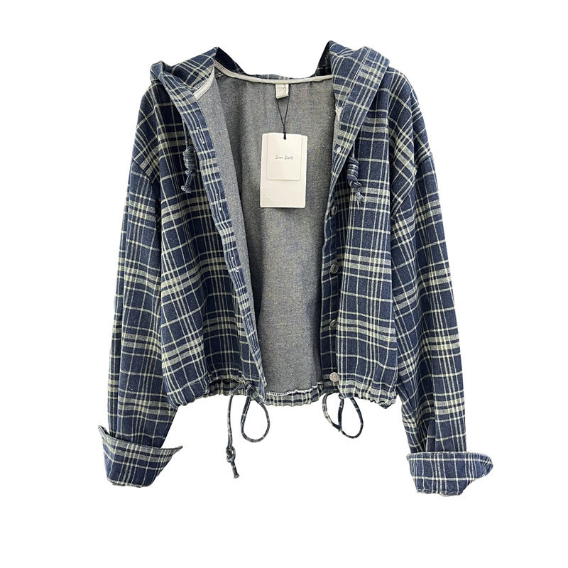 韩版复古苏格兰格纹连帽牛仔外套女秋季新款宽松显瘦抽绳短款上衣,淘宝优惠券,粉丝福利购,淘宝优惠卷