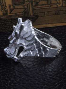 大号纹银白银龙戒指民族男足钻戒