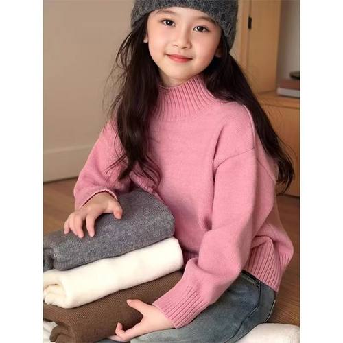 女童半高领套头毛衣2025秋冬新款小女孩洋气中大童加厚针织打底衫 - 图0