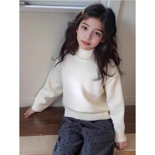女童半高领套头毛衣2025秋冬新款小女孩洋气中大童加厚针织打底衫 - 图1