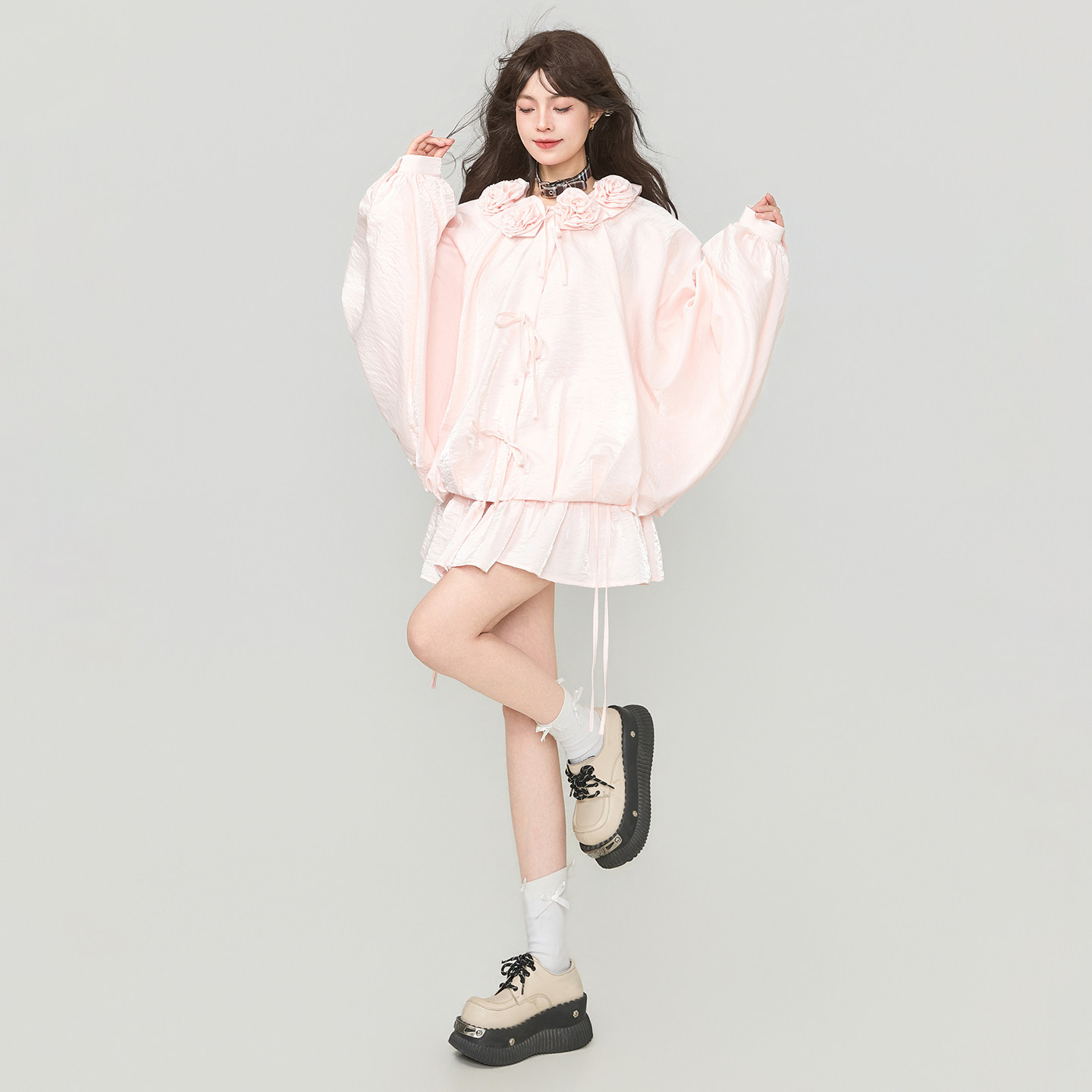 KEIKO少女感穿搭套装2026春季玫瑰花饰粉色云朵外套+半身裙两件套,淘宝优惠券,粉丝福利购,淘宝优惠卷