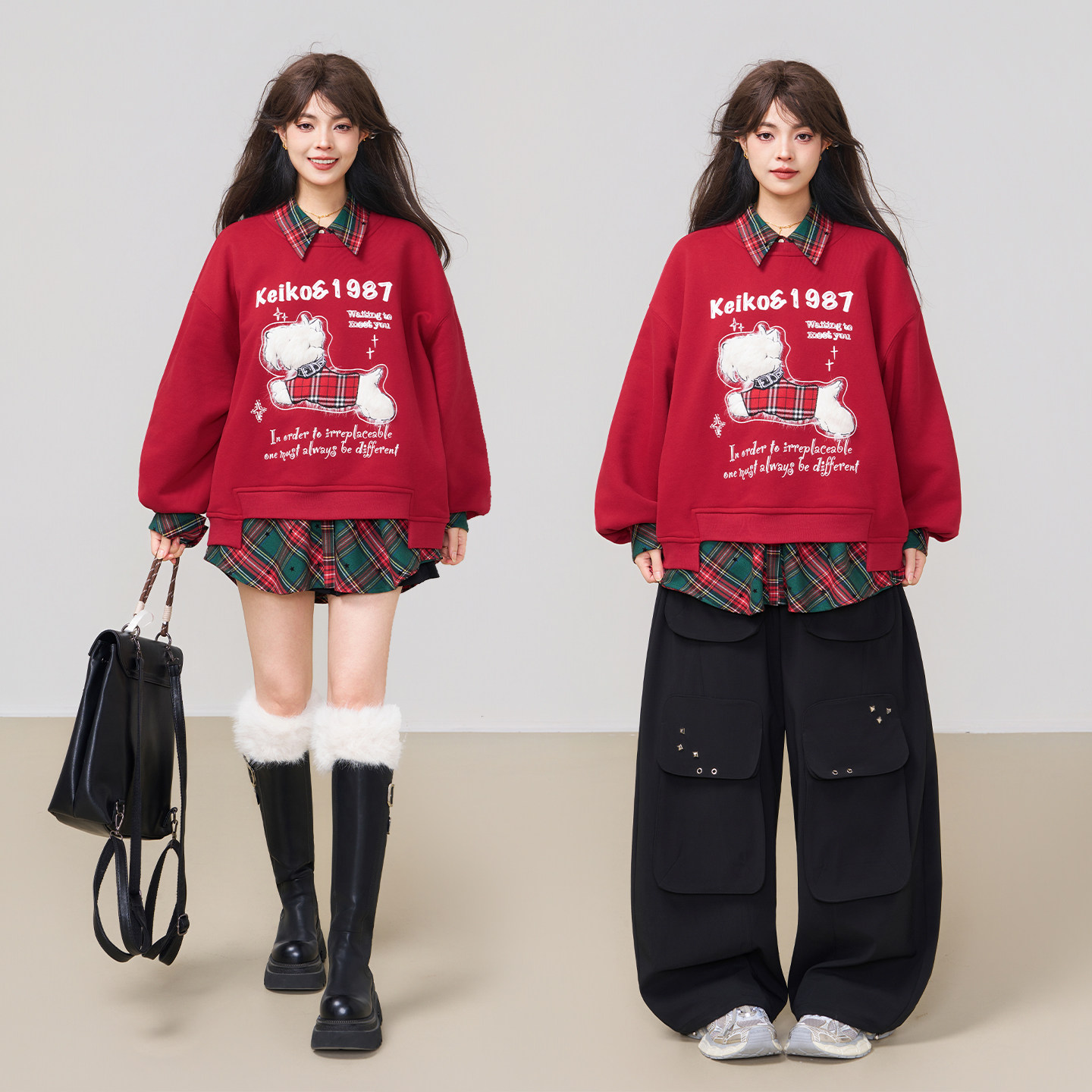 KEIKO [加密绒]小狗绣花红色卫衣女春季美式新年穿搭短款圆领上衣,淘宝优惠券,粉丝福利购,淘宝优惠卷