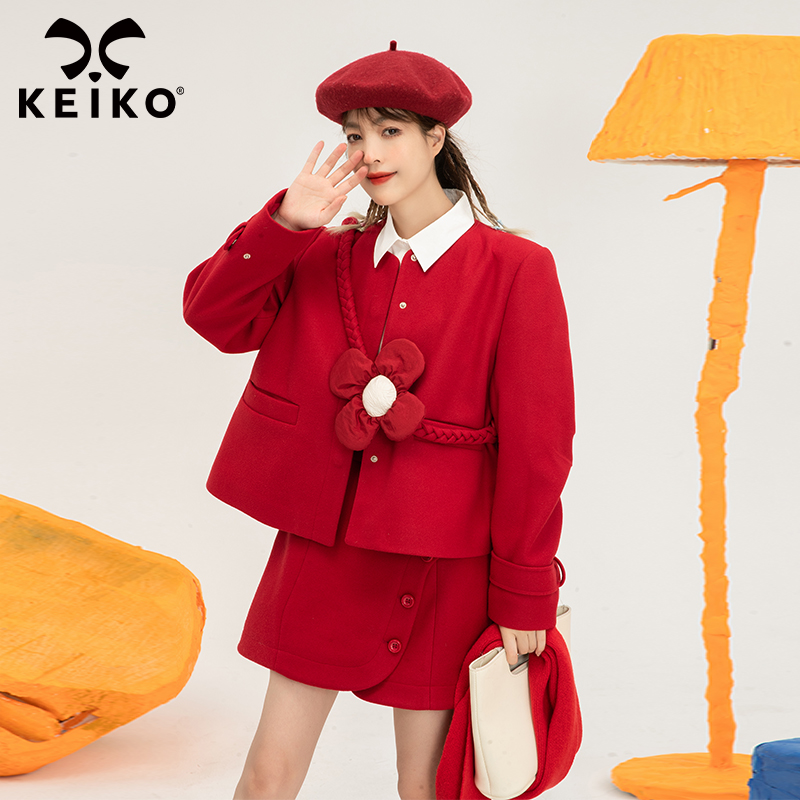 KEIKO名缓风红色毛呢短外套女2024春季设计感小个子薄款呢子上衣-图0