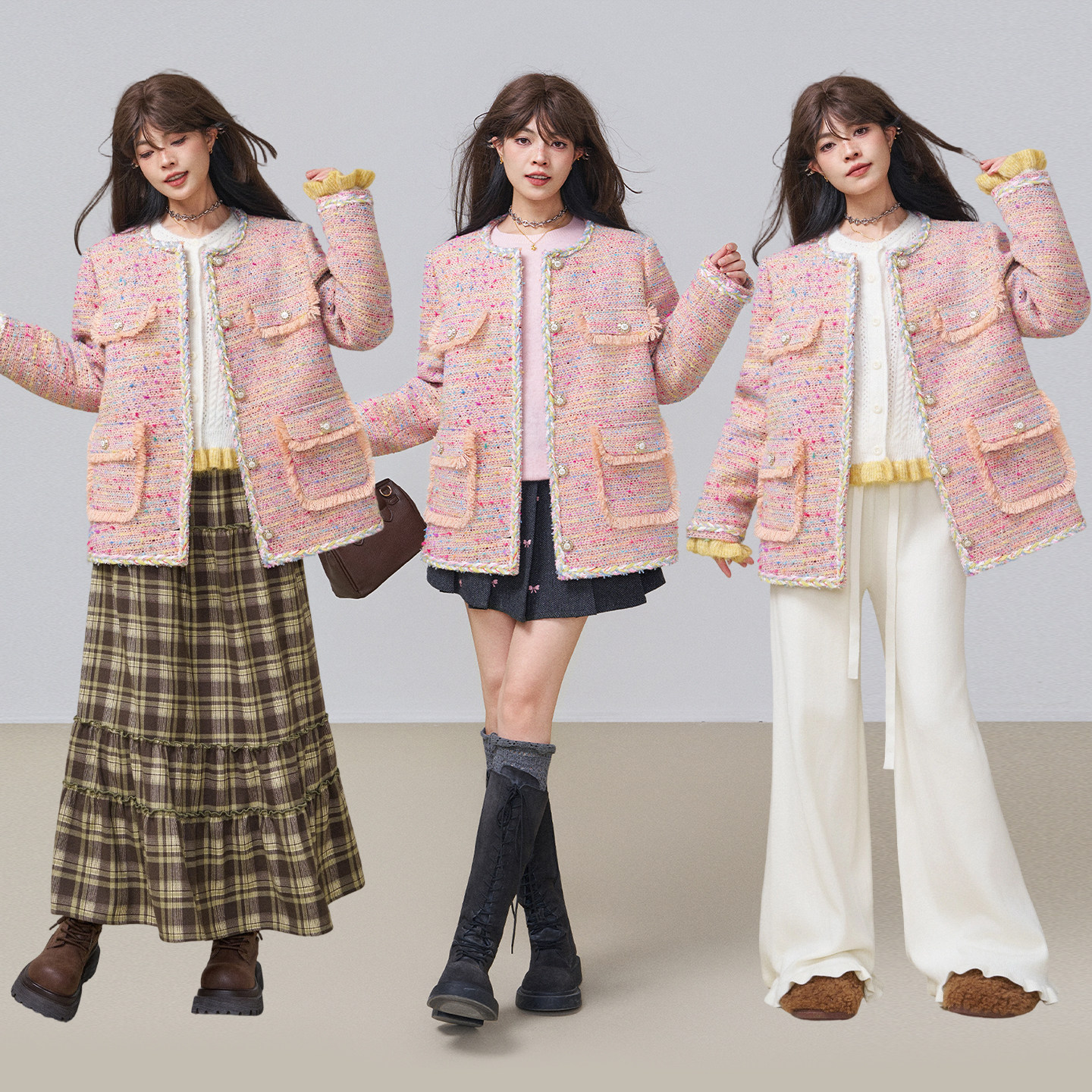 KEIKO [夹棉]小香风编织粗花呢外套春季温柔法式粉色短款毛呢大衣,淘宝优惠券,粉丝福利购,淘宝优惠卷