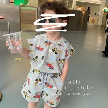 Boys Summer Suit 2023 ຮູບແບບໃຫມ່ຂອງເດັກນ້ອຍກາຕູນ Car Printed Round Neck Sleeveless Top Shorts