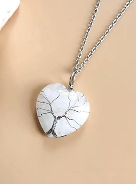 跨境电商新款绕线天然石生命树水晶吊坠心形桃心树根发财树项链