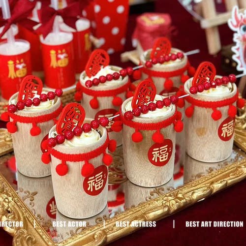 红色系周岁舞狮龙宝宝蛋糕装饰 儿童百天周岁生日甜品台烘焙插件 - 图3