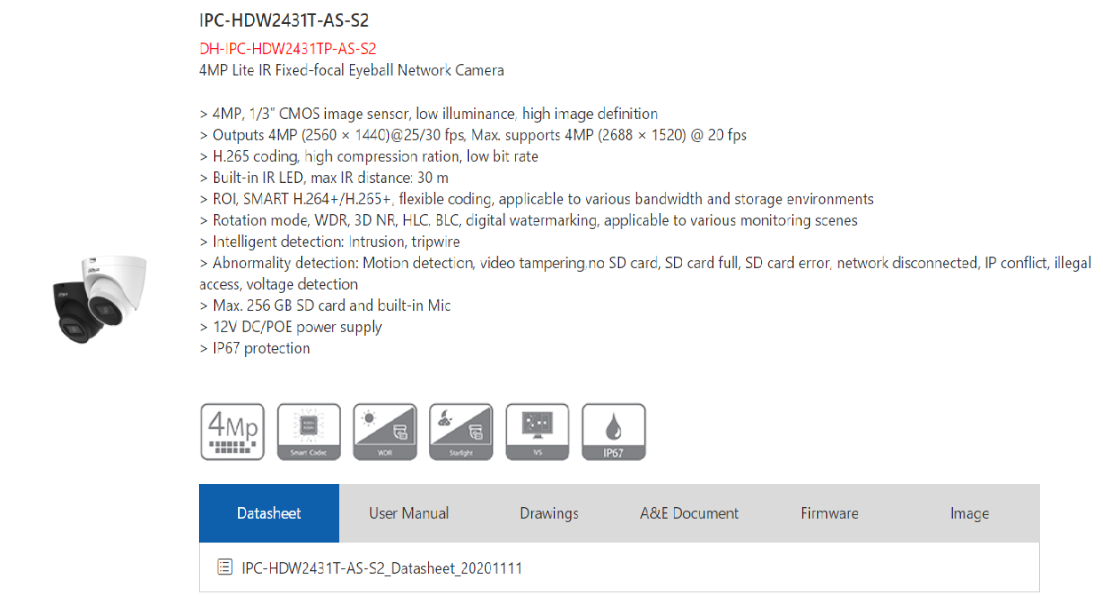 大华400万英文版DH-IPC-HDW2431TP-AS-S2网络摄像机4MP IP camera - 图0