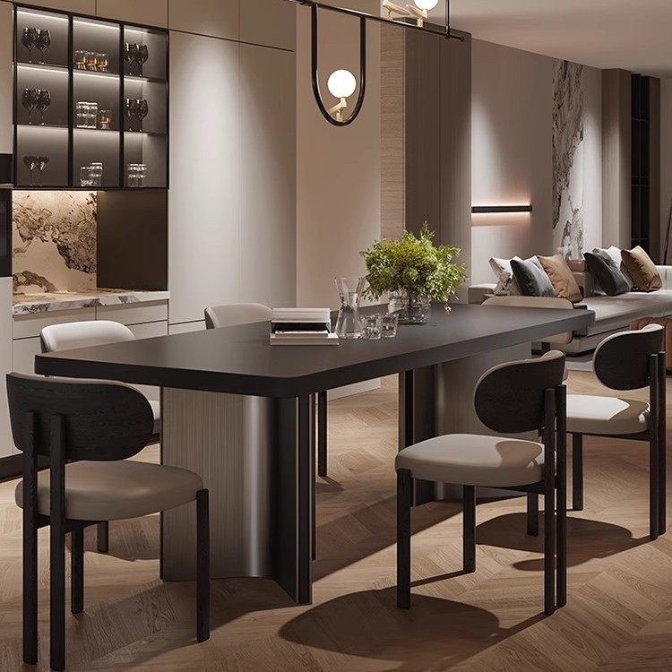 意式极简纯黑加厚岩板餐桌椅组合大户型大板桌长方形岛台复古茶桌,淘宝优惠券,粉丝福利购,淘宝优惠卷