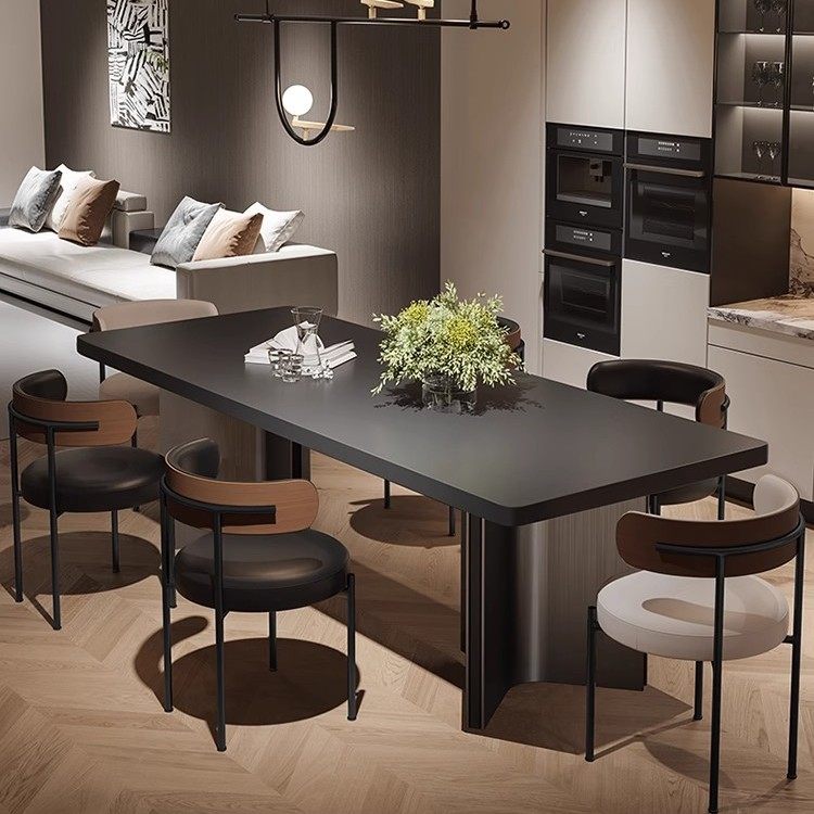 意式极简纯黑加厚岩板餐桌椅组合大户型大板桌长方形岛台复古茶桌,淘宝优惠券,粉丝福利购,淘宝优惠卷