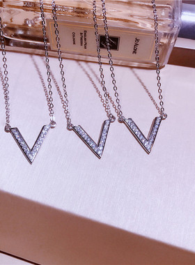 925纯银项链极简v形镶钻颈链百搭