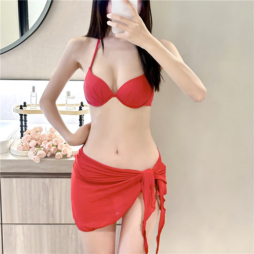 2025泳衣女三件套小胸聚拢钢托显瘦辣妹三点式性感白色比基尼泳装 - 图2