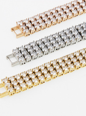 Tennis跨境满钻网球手链镶锆石三排手镯时尚热销钛钢饰品嘻哈风