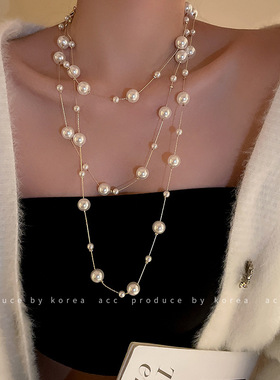 遇寻超仙长款珍珠项链潮气质宫廷风小众设计锁骨链精致温柔毛衣链
