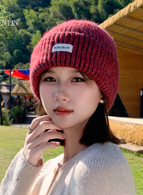 复古渐变色时尚百搭毛线帽女秋冬氛围感显脸小保暖护耳针织包头帽