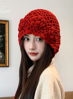 红色民族风手工流苏针织毛线帽女秋冬季保暖拍照显脸小时尚包头帽