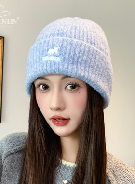 韩系刺绣字母灰色针织冷帽女秋冬加厚保暖护耳包头帽显脸小毛线帽
