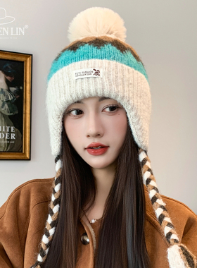 复古费尔岛风针织毛线帽子女秋冬季加厚保暖护耳雷锋帽显脸小百搭