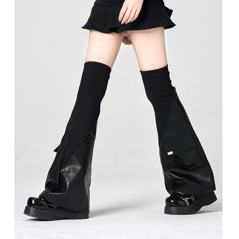 辣妹腿套y2k黑色机能风袜套pu皮质拼接过膝袜子女口袋皮裤ins潮袜,淘宝优惠券,粉丝福利购,淘宝优惠卷