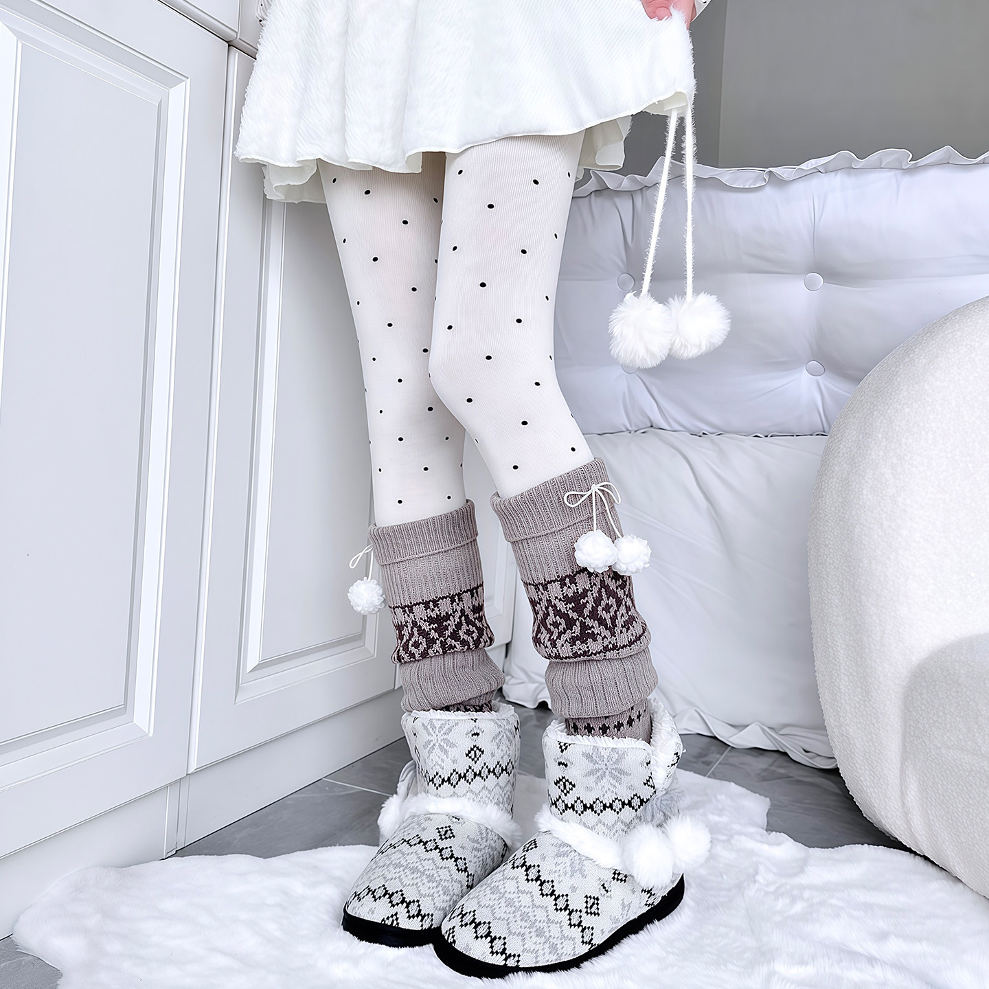 费尔岛针织配靴袜套jk秋冬毛球可爱复古小腿堆堆袜叠穿波点连裤袜,淘宝优惠券,粉丝福利购,淘宝优惠卷