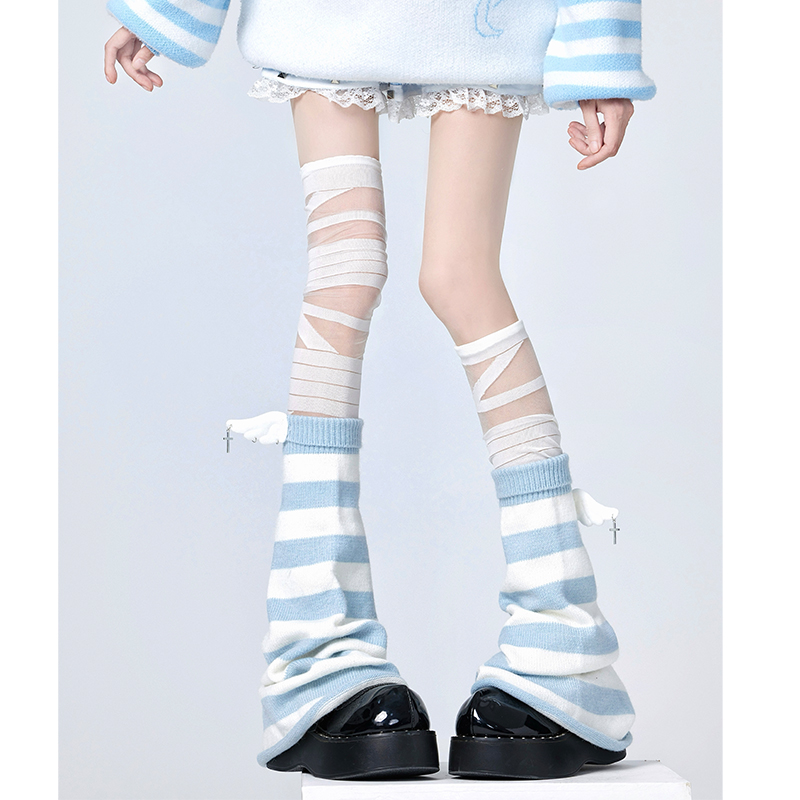 左边袜子原创日系朋克亚文化地蕾可爱白蓝条纹水色天使腿套绑带袜