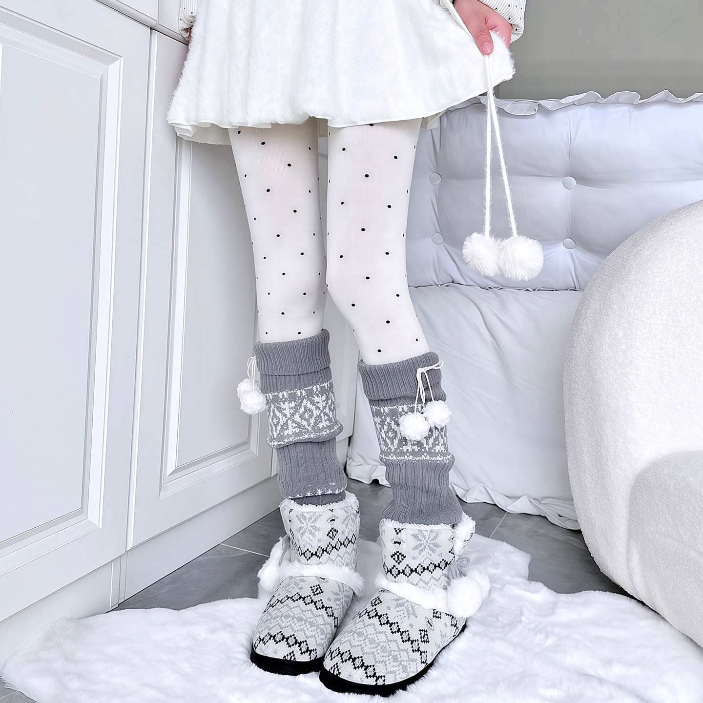费尔岛针织配靴袜套jk秋冬毛球可爱复古小腿堆堆袜叠穿波点连裤袜,淘宝优惠券,粉丝福利购,淘宝优惠卷