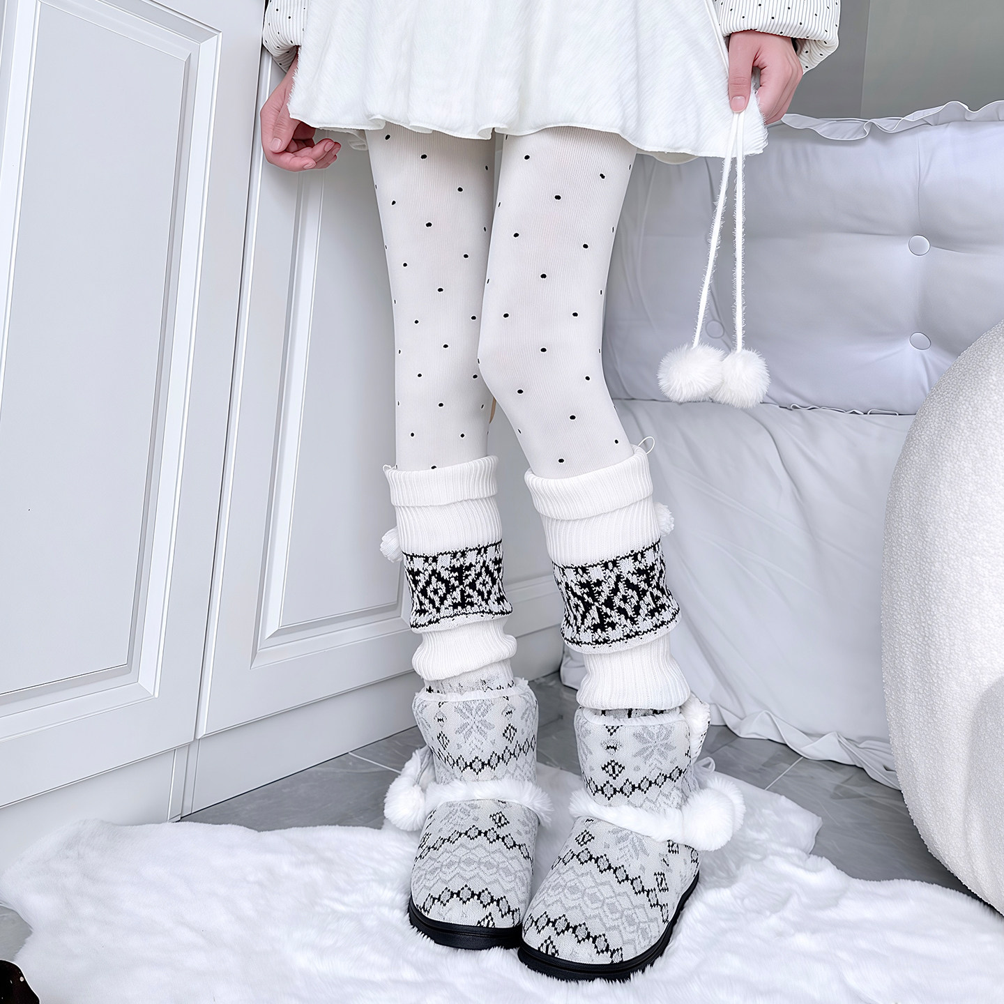 费尔岛针织配靴袜套jk秋冬毛球可爱复古小腿堆堆袜叠穿波点连裤袜,淘宝优惠券,粉丝福利购,淘宝优惠卷