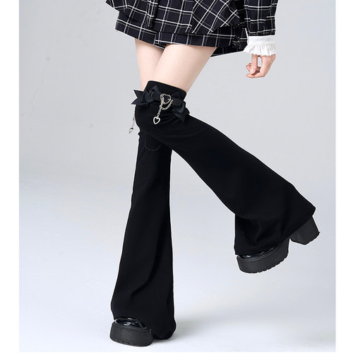 亚文化蝴蝶结链条腿套爱心皮扣白色阔腿过膝显瘦日本jk袜套女 - 图0