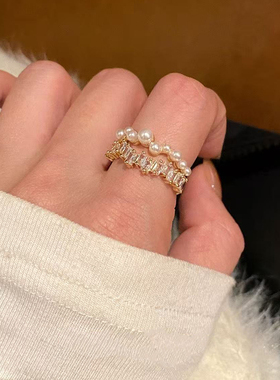 欧饰泥女合金珍珠锆石开口戒指