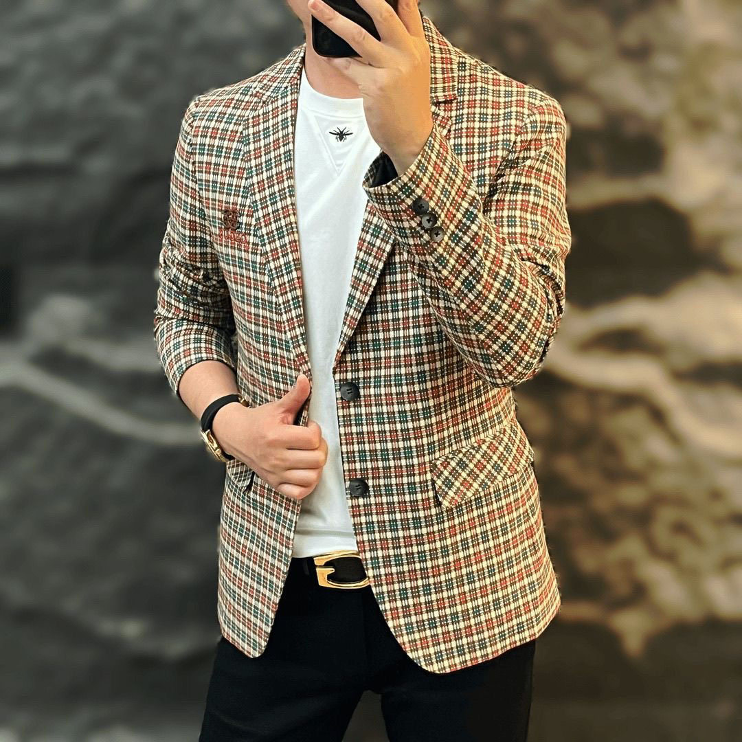 2025春秋新款新款高端男士时尚百搭个性休闲胸标格子西服上衣男装,淘宝优惠券,粉丝福利购,淘宝优惠卷