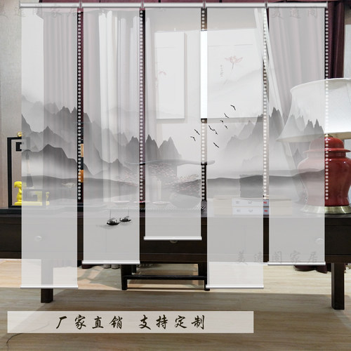 半透明透景纱双面电动窗卷帘定制软隔断遮光中式山水墨悬挂式禅意 - 图1