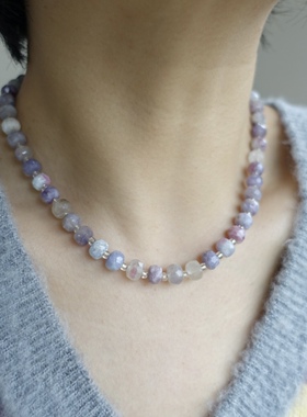 过往云烟。天然梅花碧玺粉紫色系精工切面闪亮串珠项链时髦高级